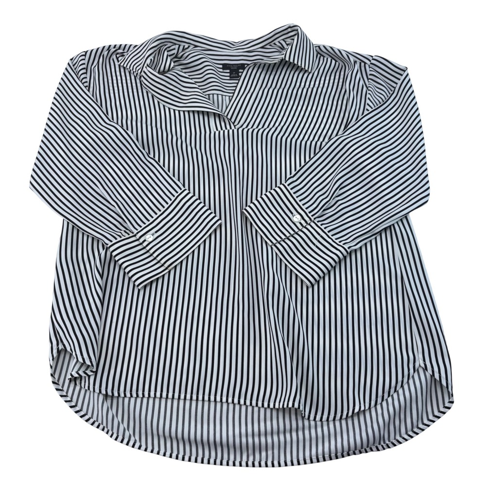 Ann Taylor Factory Black White Striped V-Neck Blouse 3/4 Sleeve MP 485442